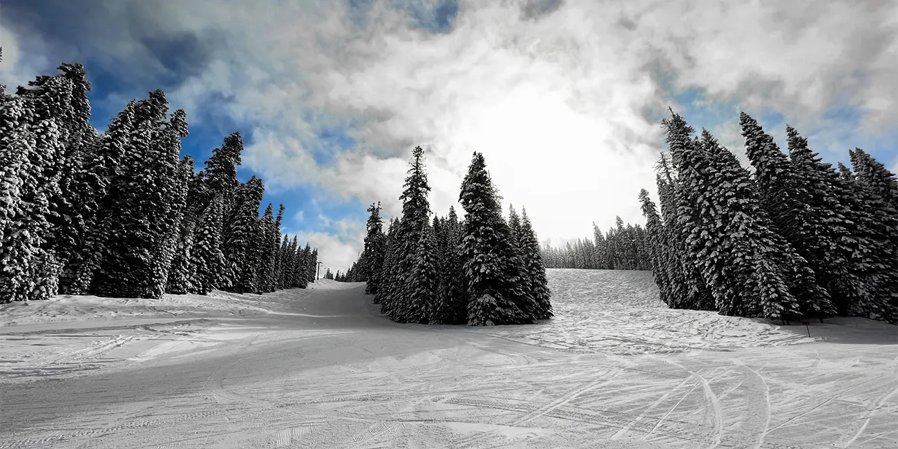 Bluewood in USA - a snow covered ski slope with trees and clouds.