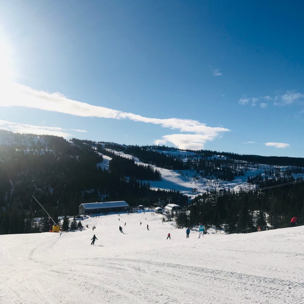 Kvitfjell in Norway - a group of people skiing down a snowy slope.