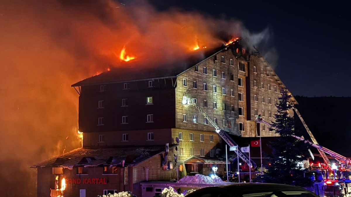 Kartalkaya in Turkey: a fire is seen from the side of a building.