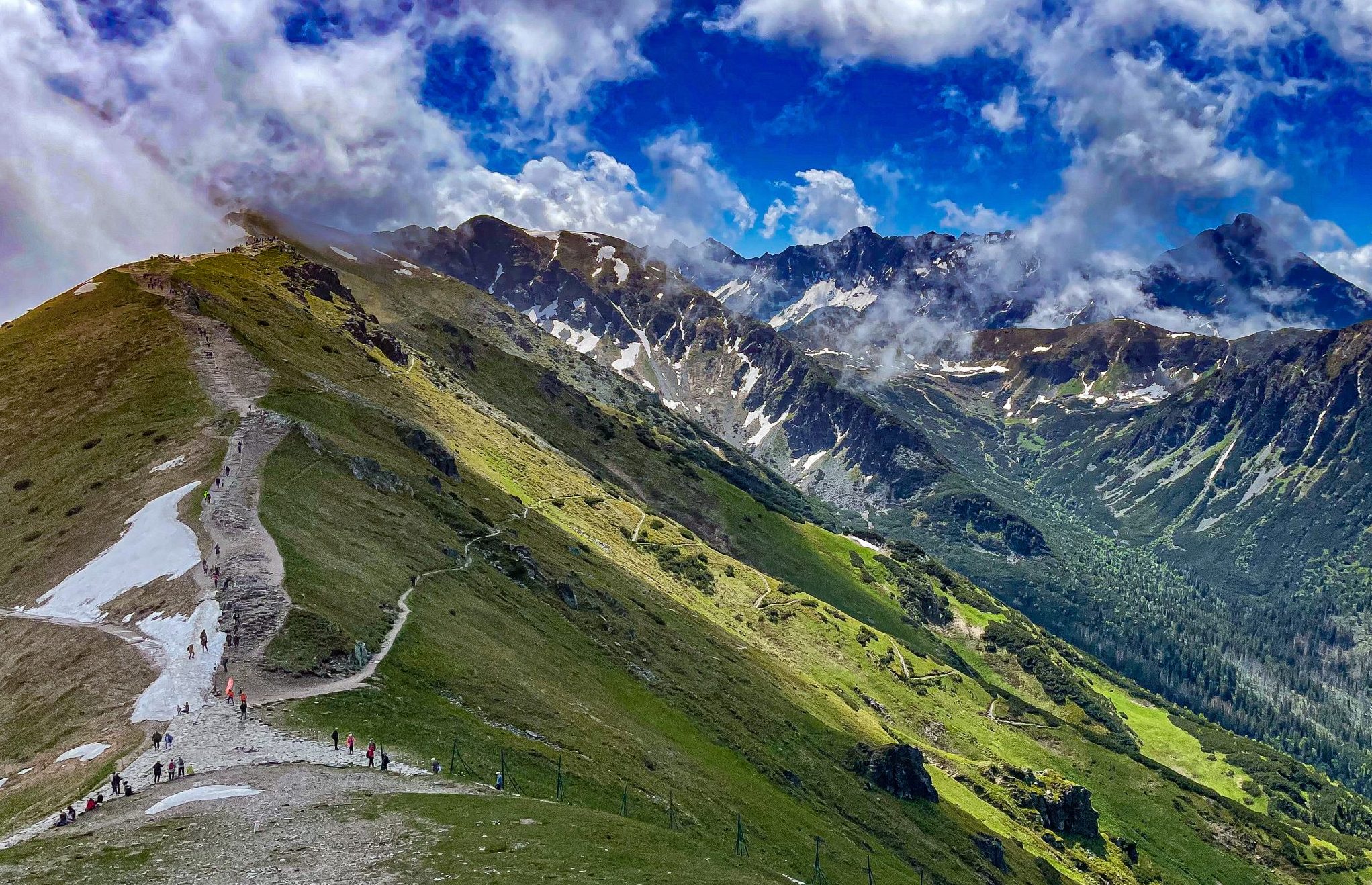 Kasprowy Wierch – Zakopane in Poland - a group of people walking up the side of a mountain.