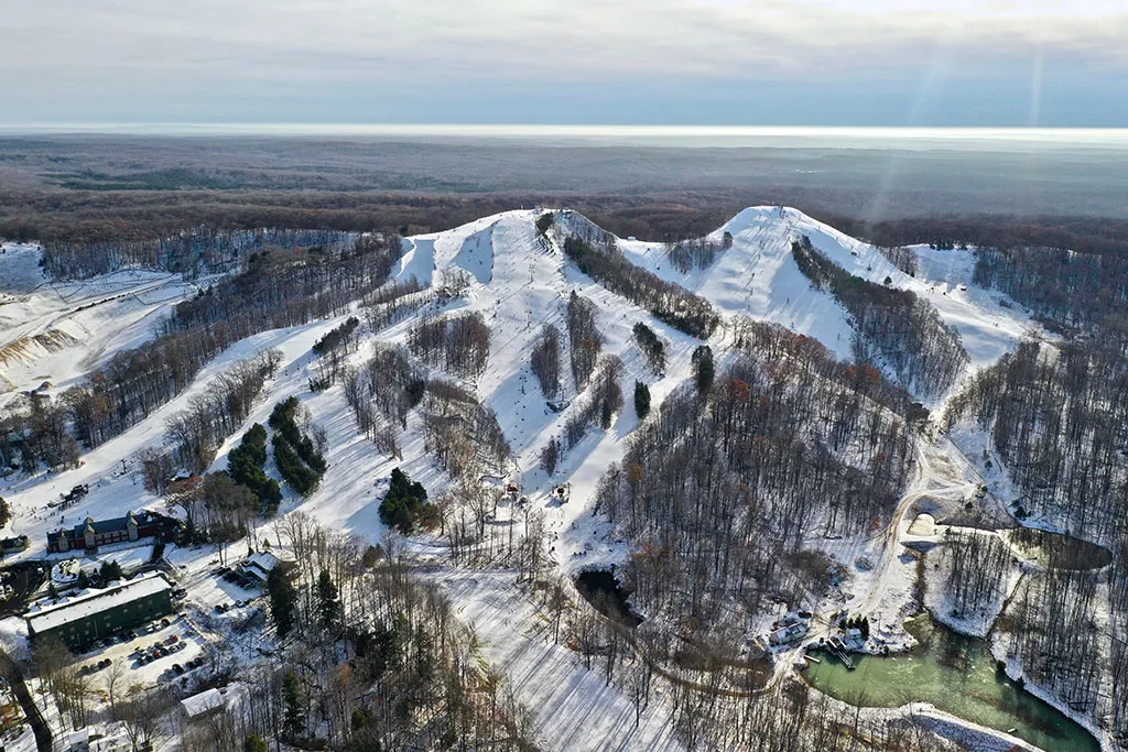 Caberfae Peaks in USA: an aerial view of a ski resort in vermont.