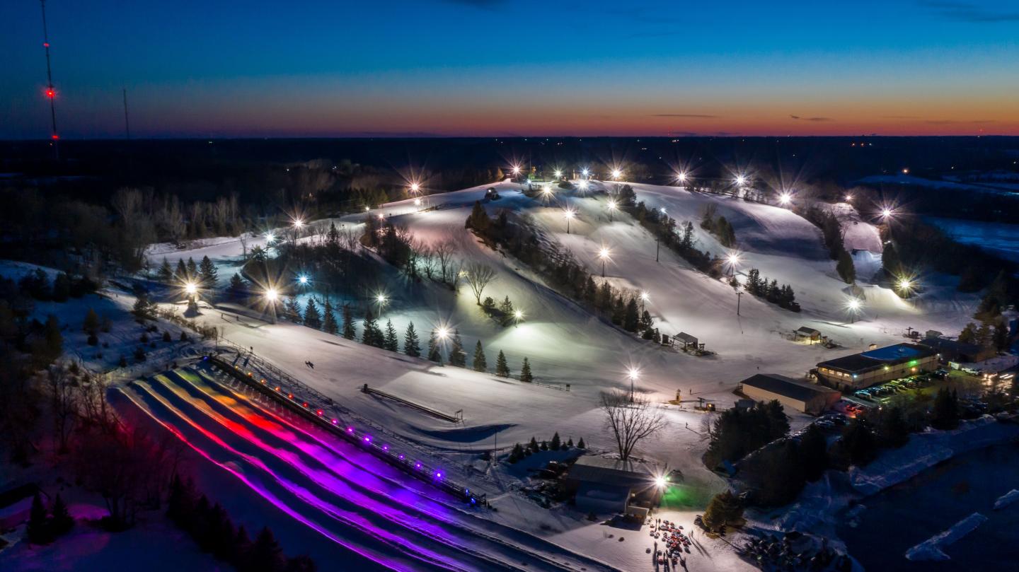 Mt Kato in USA - a ski slope lit up at night.