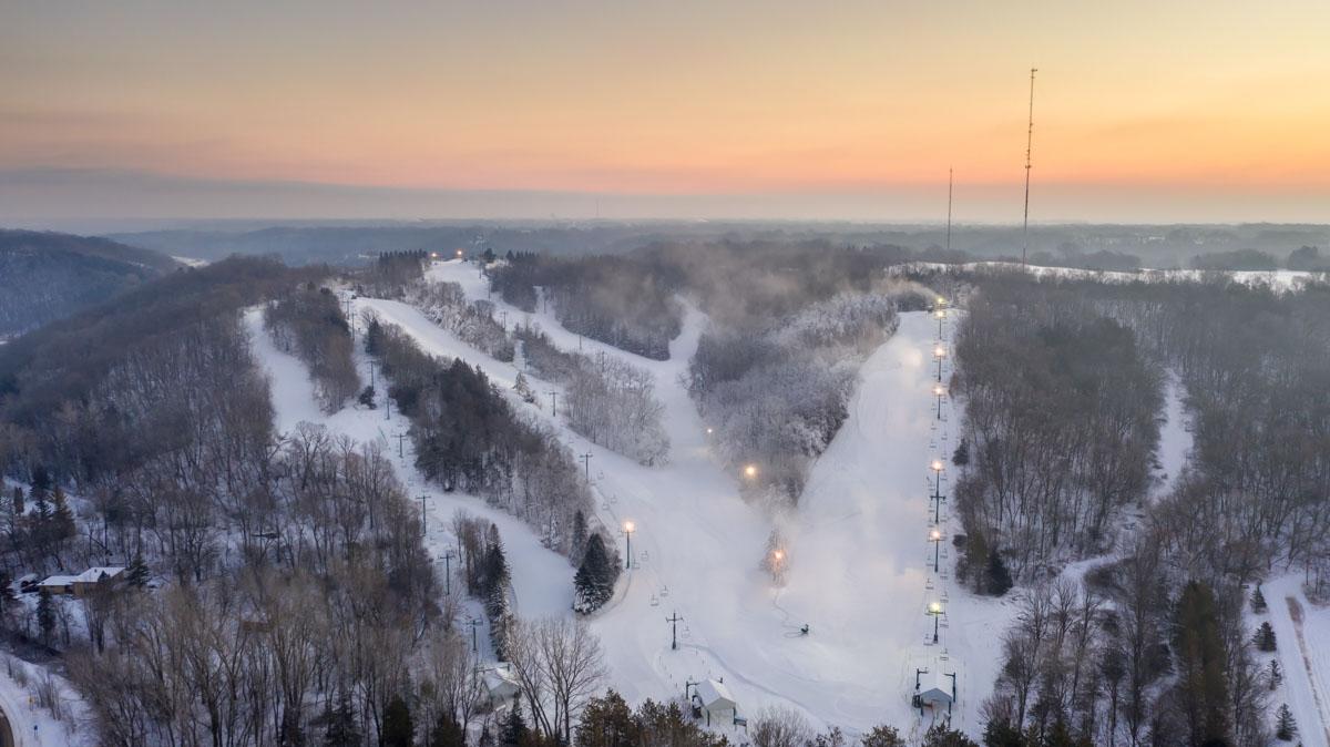 Mt Kato in USA - a ski slope covered in snow at sunset.