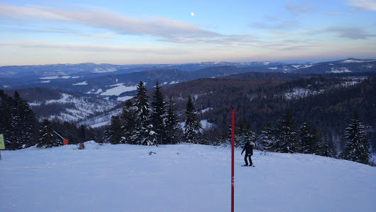 A skier enjoying a winter sports scene at the Ski Jezersko - Bachledova dolina in Slovakia. The image features a ski lift and a chalet in the backdrop of a ski resort.