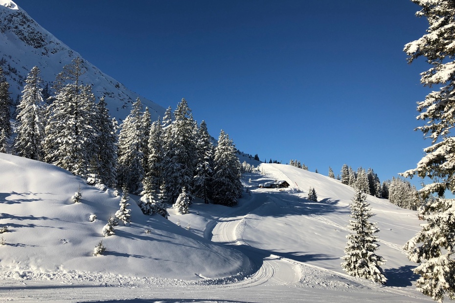 Winter sports enthusiasts enjoying a day at the Krinnenalpe ski resort in Reutte, Austria. Snow-covered slopes and a cozy challet create a picturesque winter scene.