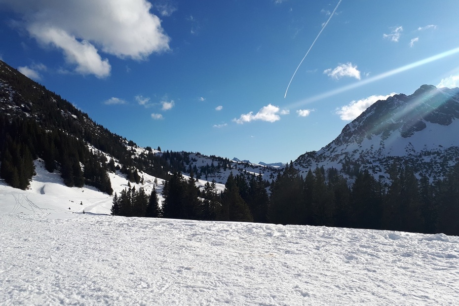 Snow-speckled chalet set in Austria's wintry Tannheimer Tal. The scene is defined by the thrill of winter sports activities, surrounded by both distant and up-close views of majestic, snow-capped mountains. Pristine beauty of Tyrolean winter at its best.