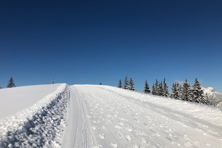 Winter scene at Krinnenalpe, Reutte, Austria showcasing a bustling ski resort. Ski enthusiasts glide down snow-covered slopes with a scenic chalet nestled amidst stunning winter scenery.