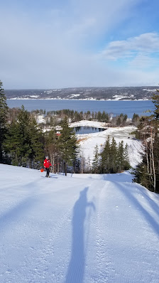 Winter scene at Ben Eoin ski resort in Nova Scotia, Canada, featuring a skier enjoying the slopes with picturesque snow-covered scenery around.