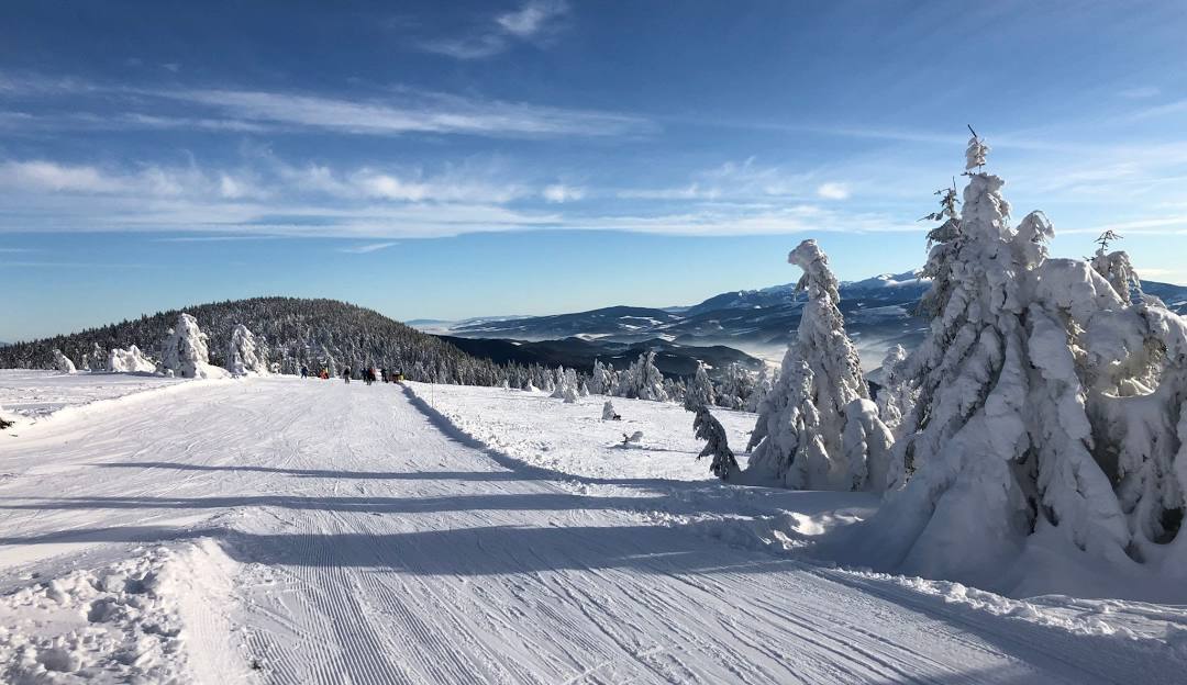 A vibrant winter scene at Kubínska hoľa ski resort in Slovakia, featuring a skier navigating snowy slopes amid a picturesque, frost-covered landscape.