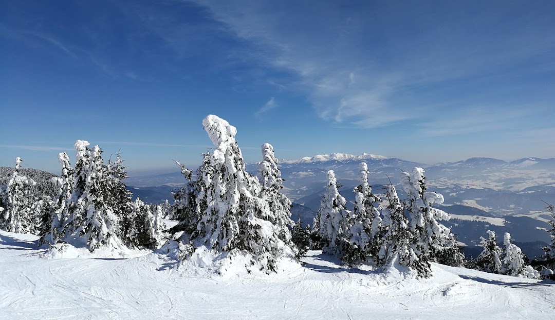 Winter scene at Kubínska hoľa in Slovakia, showcasing a vibrant ski resort amid mountainous terrain. Brilliant white snow blankets the landscape, creating an idyllic setting for winter sports.