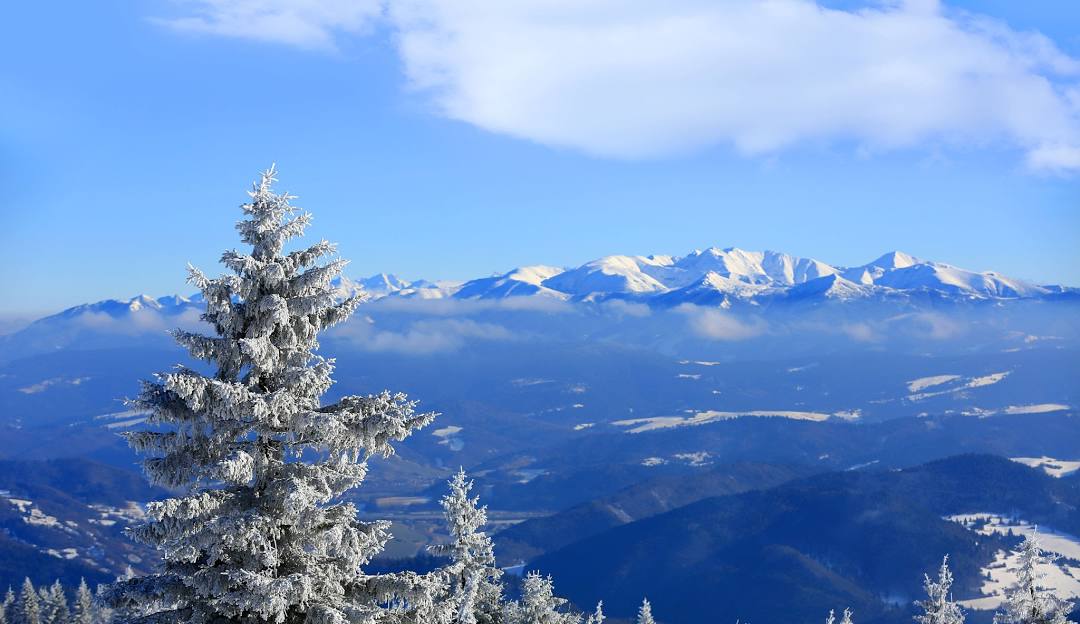 Winter sports enthusiasts enjoy the stunning scenery on Kubínska hoľa Mountain in Slovakia, complete with a charming challet covered in snow.