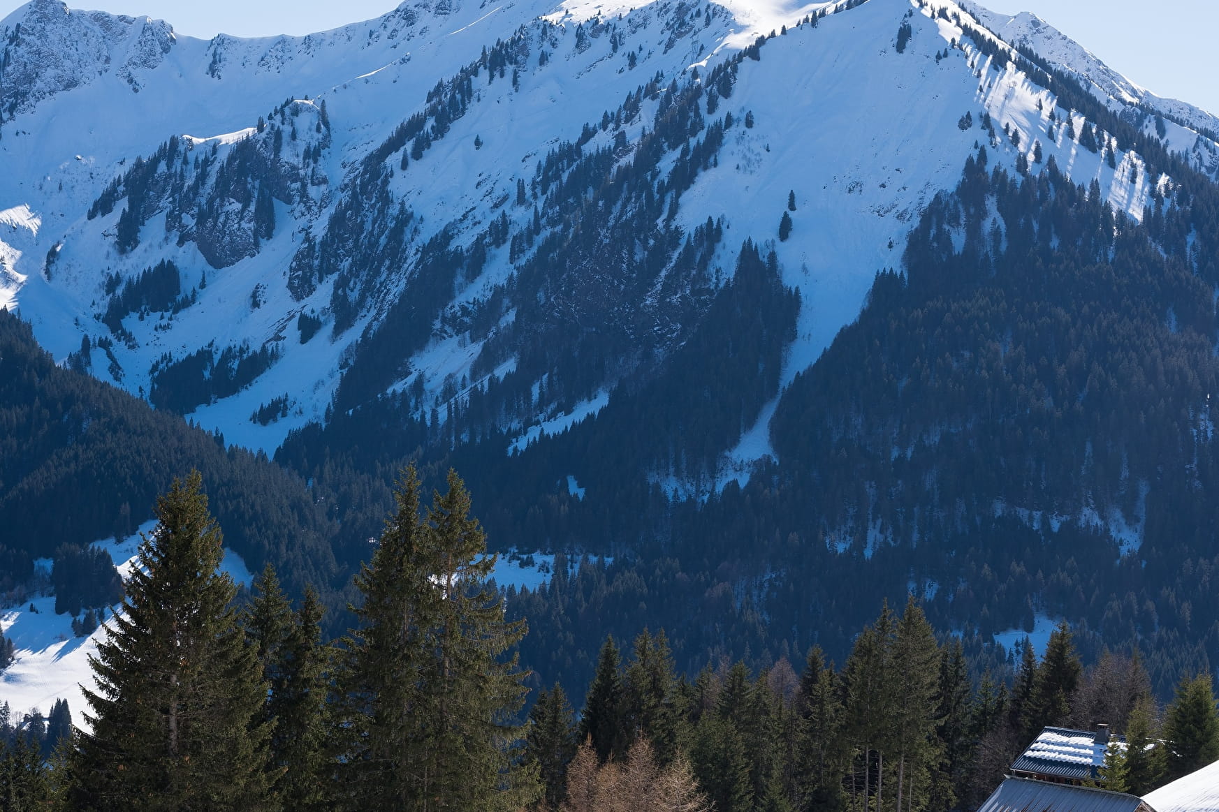 A skier gliding down a snowy slope at the Chapelle d'Abondance ski resort in Haute-Savoie, France. Picturesque mountain peaks and a charming challet are visible in the background.