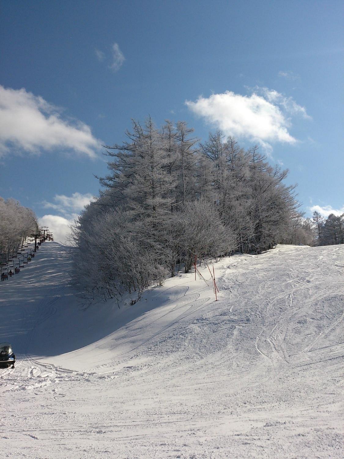 View of the bustling Edelweiss winter sports centre in Nikko, Japan, featuring a charming chalet amidst a breathtaking winter scenery at a popular ski resort.