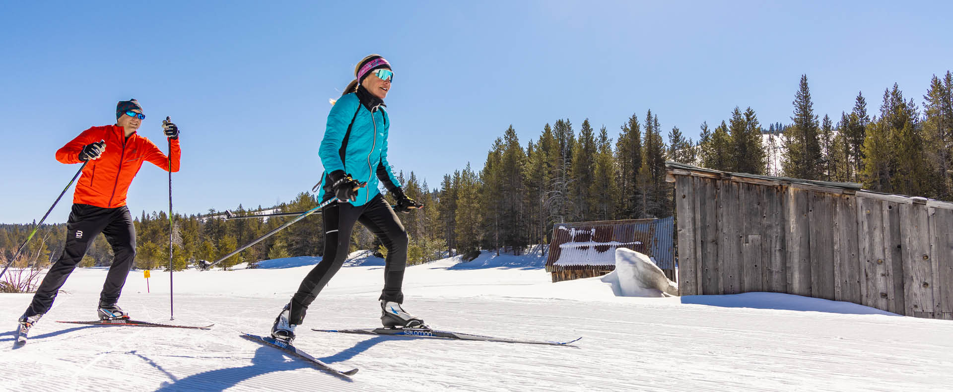 Tahoe Donner in USA - a man and a woman skiing on a snowy slope.