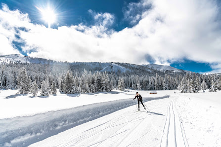 Winter view at Tahoe Donner in Lake Tahoe, Truckee, California featuring an active skier on the slopes amidst the breathtaking winter scenery of the ski resort.