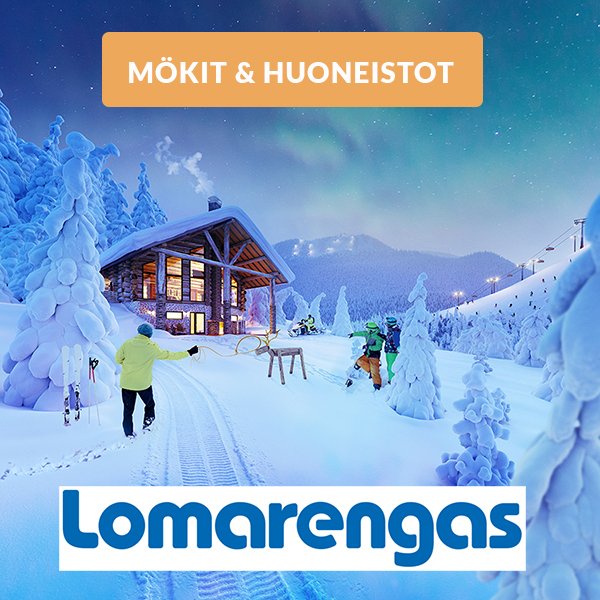 Ski resort in Saariselkä, Lapland, featuring a winter sports scene with a central ski lift. A lodge is in the background amid the snowy landscape of Northern Finland.