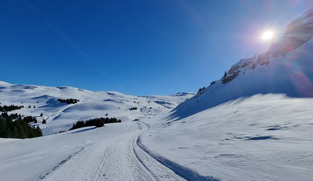 A charming chalet nestled among snowy peaks in Feldis Eastern Switzerland. Winter sports enthusiasts dot the landscape creating a vibrant scene at this popular ski resort.
