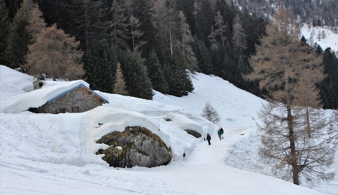 Charming chalet nestled in the snowy landscape of Pescegallo Valgerola, Italy, surrounded by a buzzing winter sports scene. Majestic mountains rest in the background, enhance the enchanting ambiance of this winter sports centre.