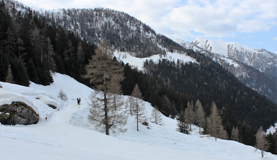 A scenic winter landscape at Pescegallo Valgerola ski resort in Italy. A cozy chalet stands amidst ski slopes bustling with skiers celebrating the joy of winter sports.