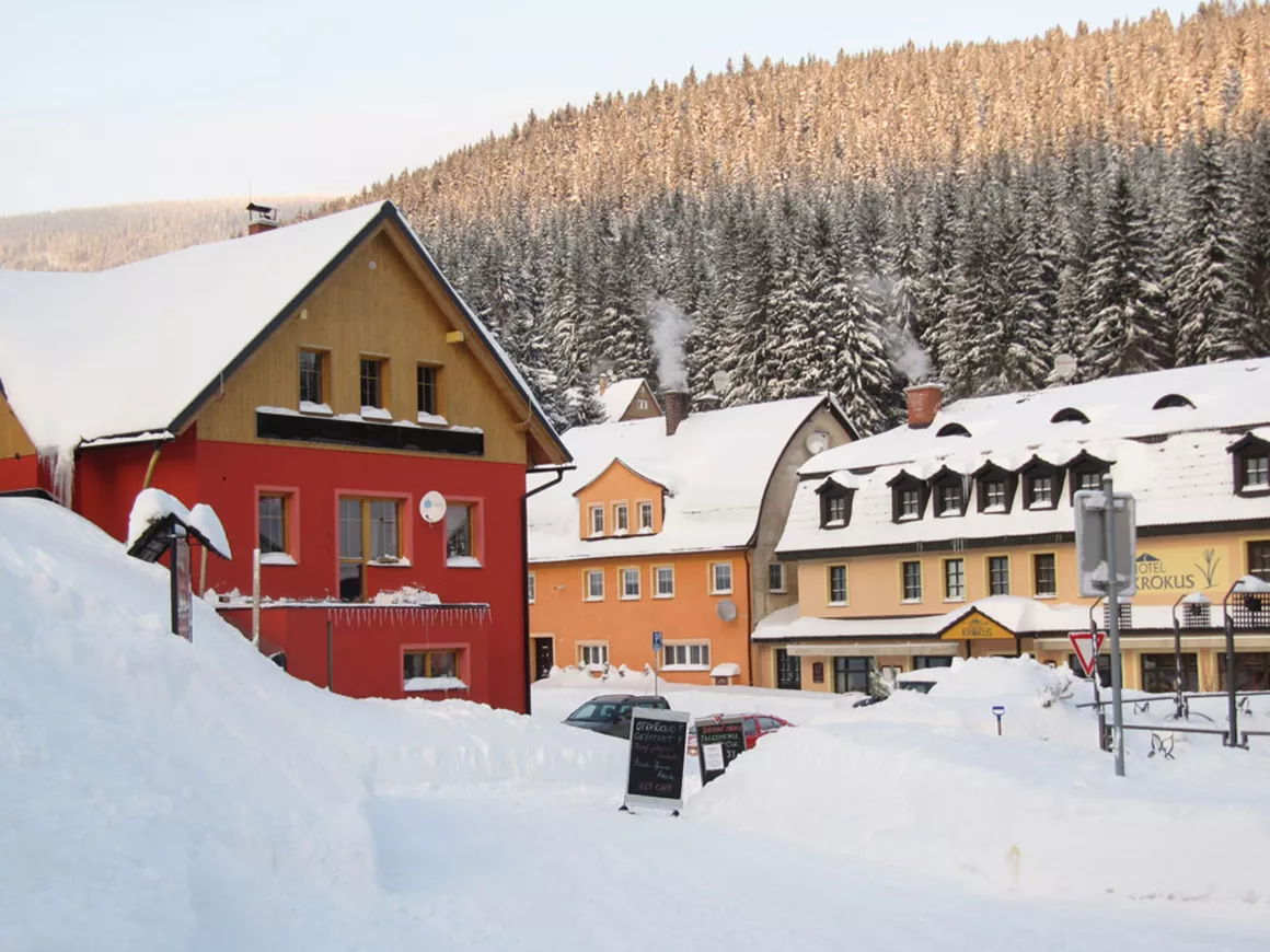 Pec pod Sněžkou in Czech Republic - snow on the ground.