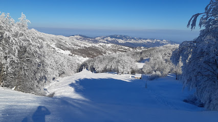 View of Schia - Monte Caio, a ski resort in Parma, Italy, featuring a picture-perfect chalet amid winter scenery bustling with winter sports activities.