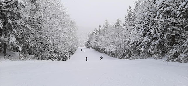 Winter sports scene at Vallée Bleue, Laurentides, Quebec, Canada featuring stunning winter scenery, a sports centre, and a chalet.
