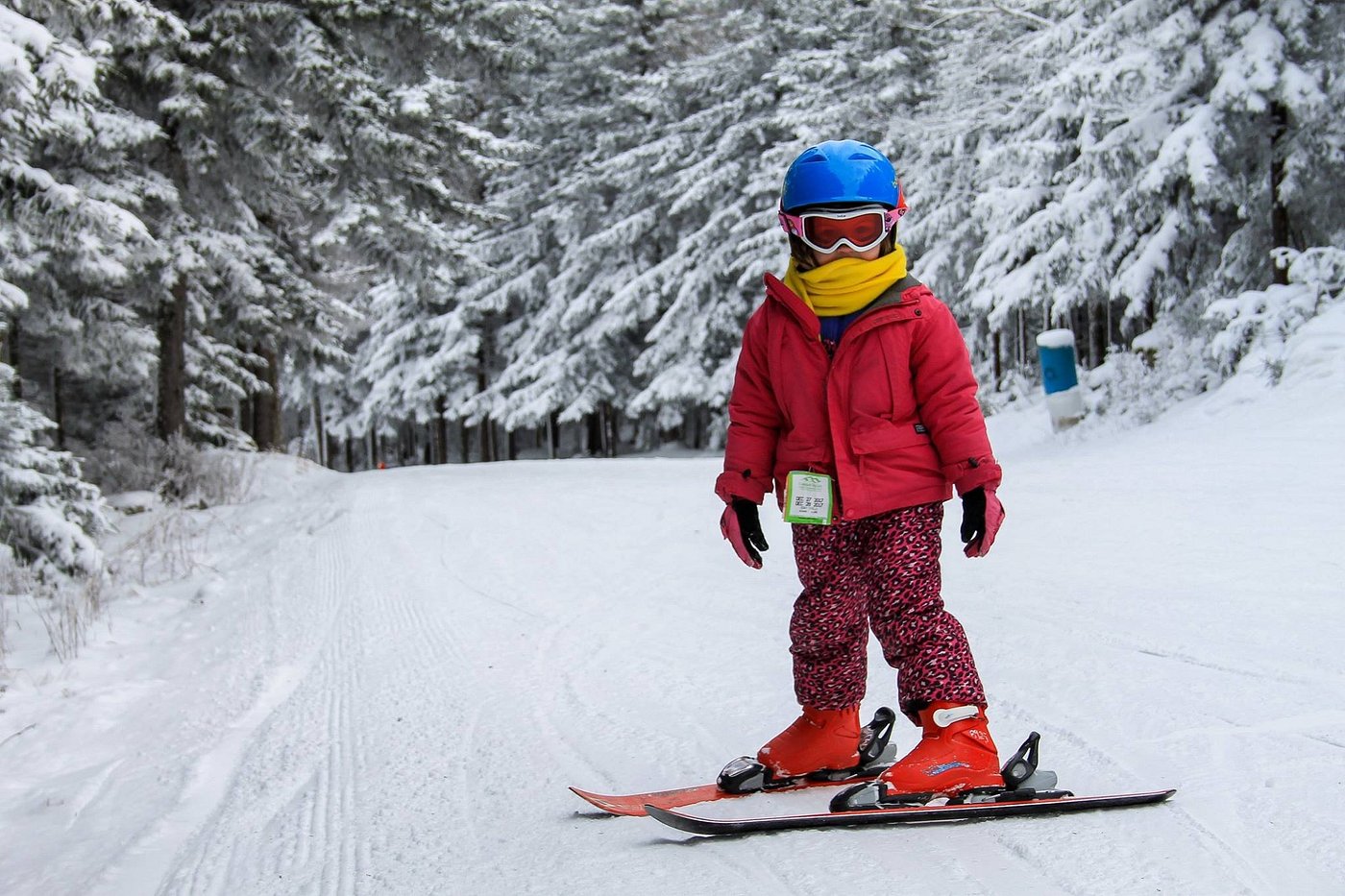 A skier enjoying the winter sports scene in Canaan Valley Davis West Virginia. A child can be seen learning to ski nearby with a snowboarder and a chalet in the background.
