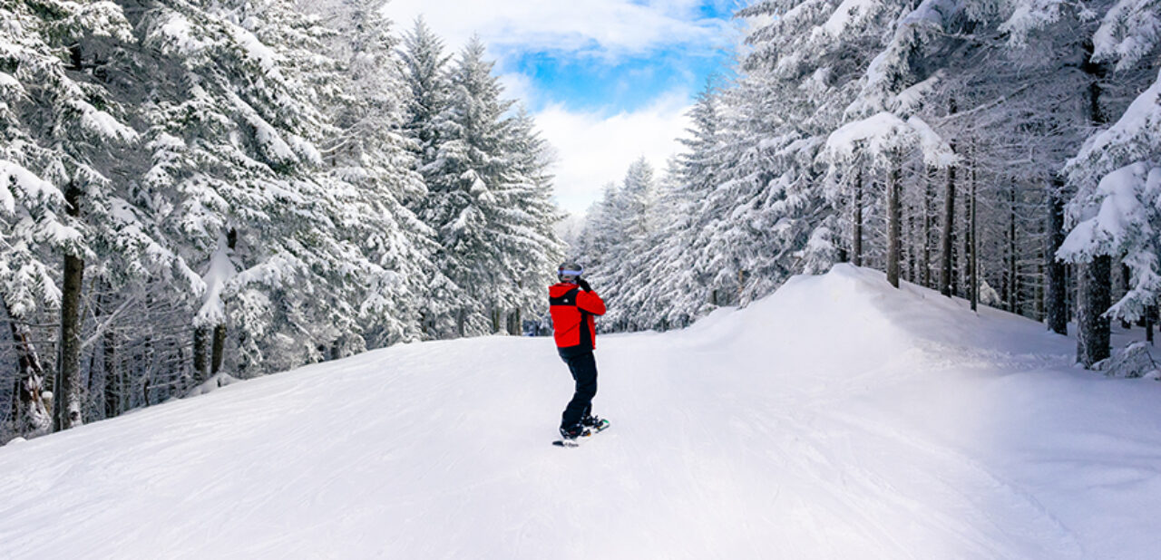Canaan Valley in USA - a person on a snowboard going down a hill.