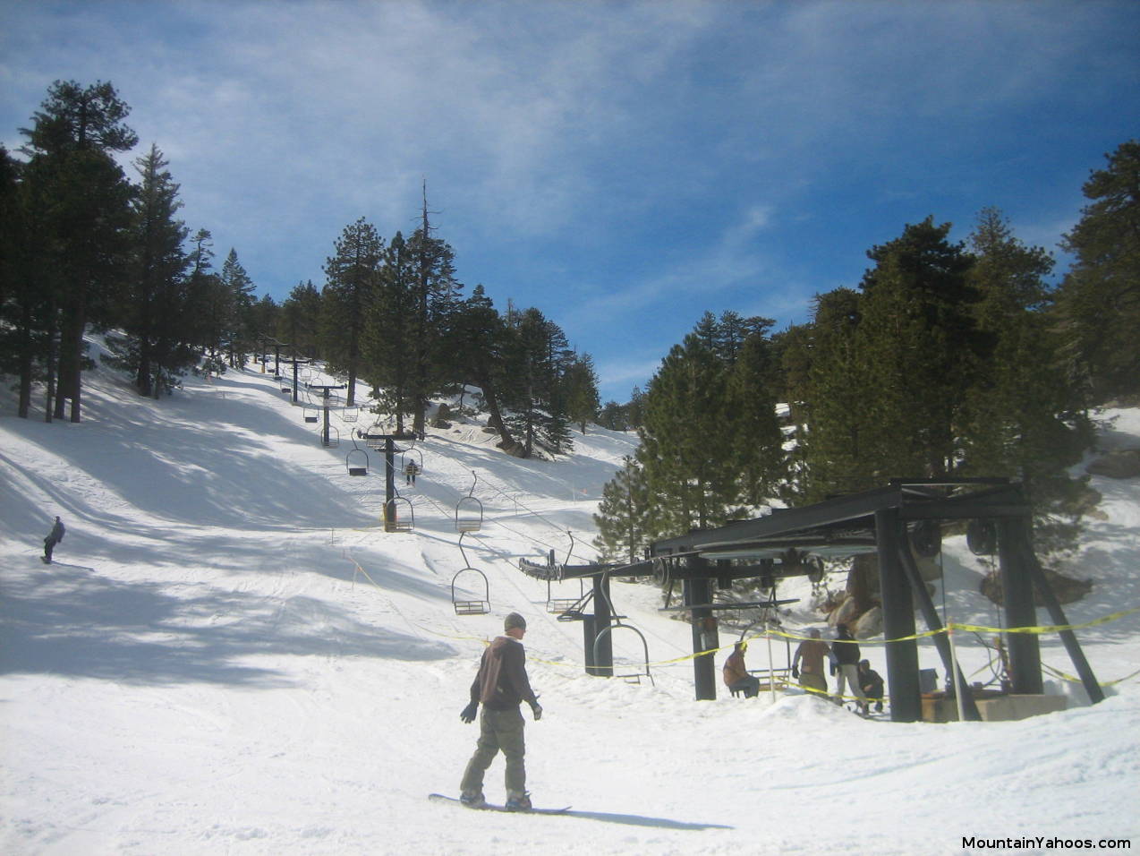 Winter scene at Mt Waterman ski resort in Pearblossom, CA, featuring a ski lift, a skier cruising down the slope, and a cozy chalet nestled amidst the snow-covered landscape.