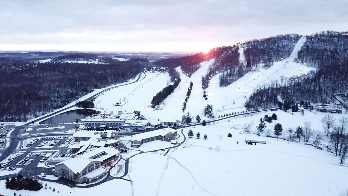Liberty Mountain in USA: an aerial view of a ski resort in the mountains.