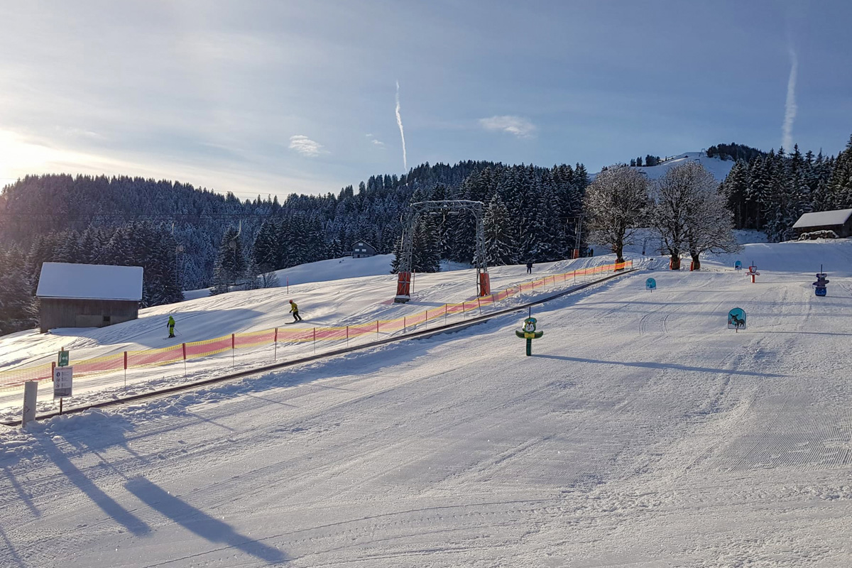 A winter sports scene at Wolzenalp in Switzerland featuring a skier near a chalet amid a bustling ski resort and winter sports centre.