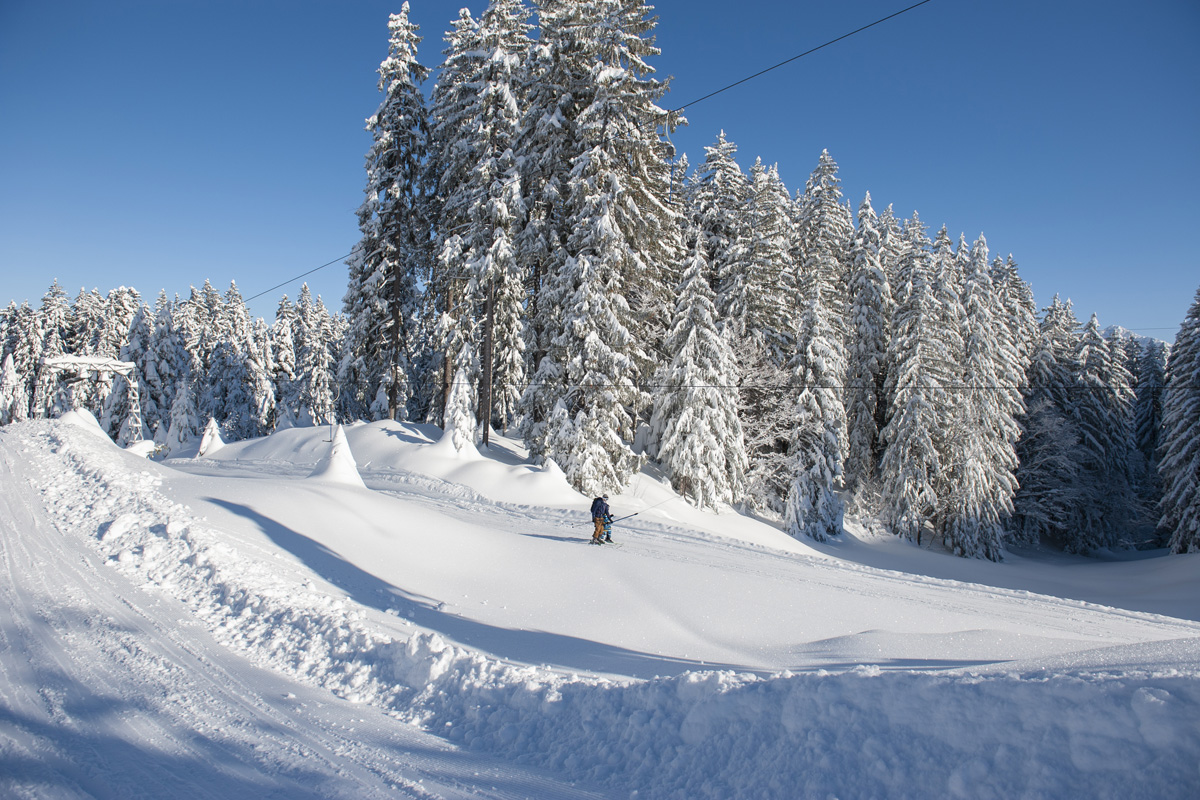 A vibrant winter sports scene at the Wolzenalp ski resort in Switzerland featuring a skier in action and a ski lift against a backdrop of picturesque winter scenery.