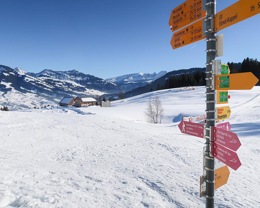 A winter scene at Wolzenalp ski resort in Switzerland showcasing a charming chalet against a backdrop of snow-covered slopes. Visible activities indicate energetic winter sports.