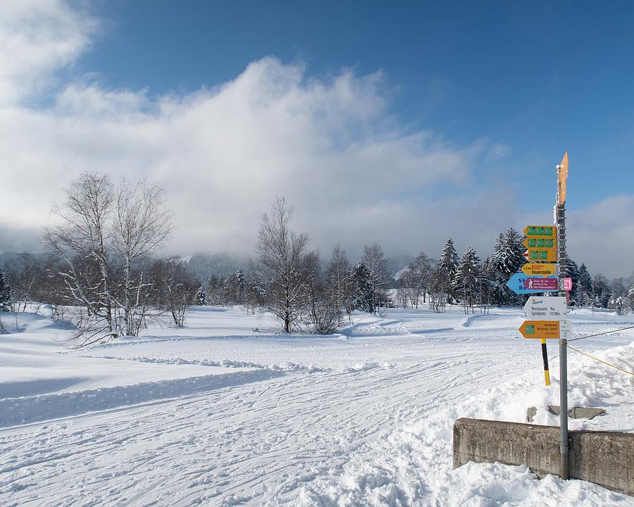 Winter scene at Wolzenalp ski resort in Switzerland featuring winter sports enthusiasts in action surrounded by pristine white snow and a charming challet.