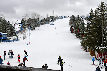 A lively scene at Mt Holly ski resort in Holly, Michigan, USA. Winter sports enthusiasts can be seen skiing down powdery slopes, while others ascend using the ski lift.