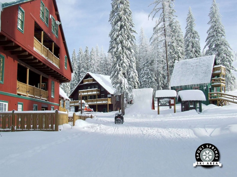 Image showcasing Spout Springs ski resort in Weston, Oregon during winter. Visible elements include ski slopes and stunning winter scenery encapsulating the essence of winter sports.