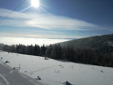 Ski resort scene at Dwie Doliny, Szczawnik in Lesser Poland, showcasing a challet and various winter sports activities under the clear, sunny sky during the wintertime.