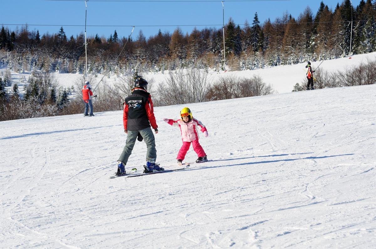 Winter sports scene at Dwie Doliny ski resort in Poland, featuring a family skiing down a snowy slope, a chairlift in operation, surrounded by chalets and the winter sports centre.