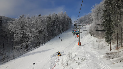 Skiers enjoying a bright winter day at Dwie Doliny in Szczawnik Poland. A ski lift and chalet can be seen amidst the snow-covered landscape.