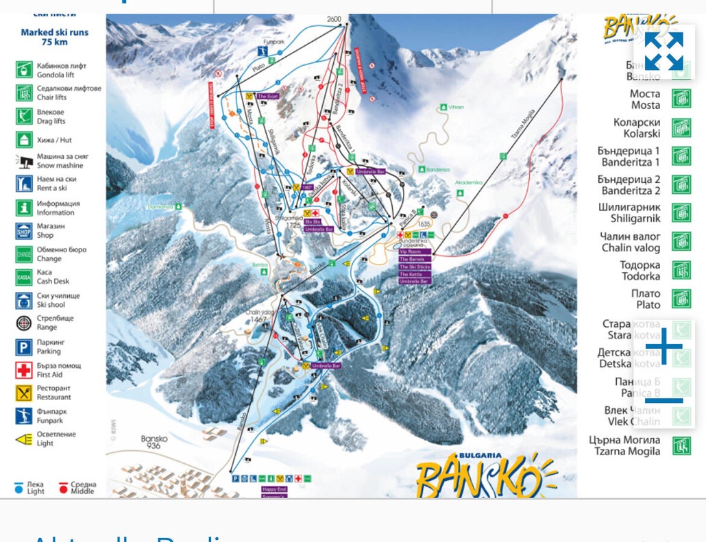 A snowy scene in Bansko, Bulgaria featuring a charming chalet, with a ski resort in the backdrop. Ski lifts and skiers are also visible, making for a bustling winter sports ambiance.