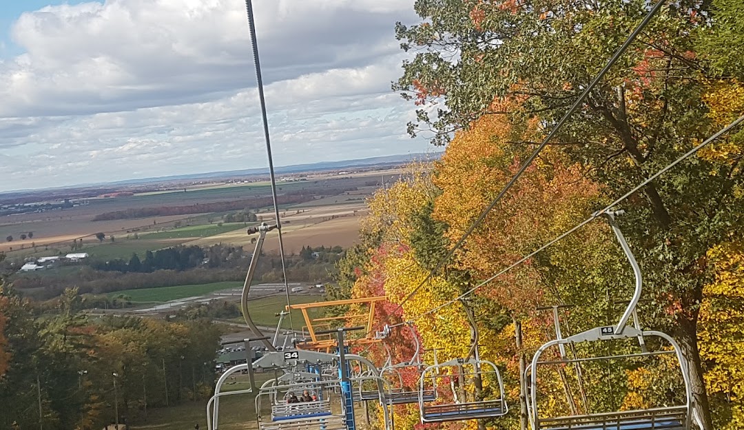 Image of a ski lift and chalet at the Mont Rigaud ski resort in Quebec, Canada, surrounded by trees and snow.