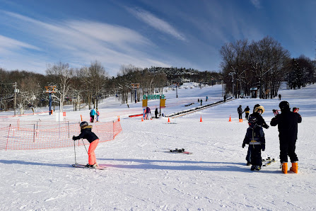 A bustling winter sports scene at Mont Rigaud, Montérégie in Quebec, Canada. Snow-coated slopes occupied by skiers are prominent, with a chalet nestled among the trees and an extensive ski resort in the backdrop.