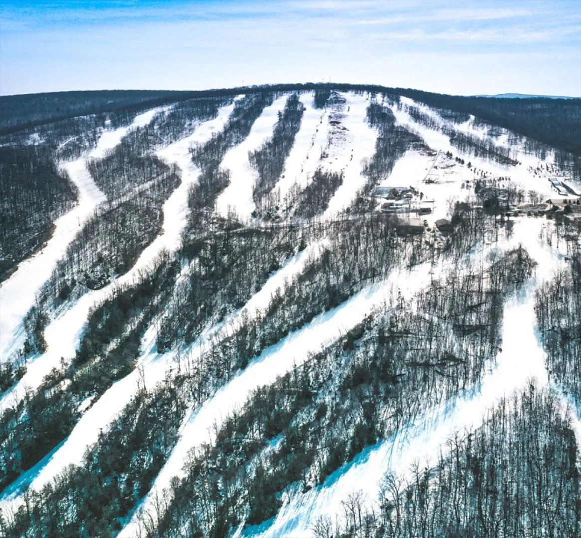 Montage Mountain Resort in USA: an aerial view of a ski resort in the mountains.