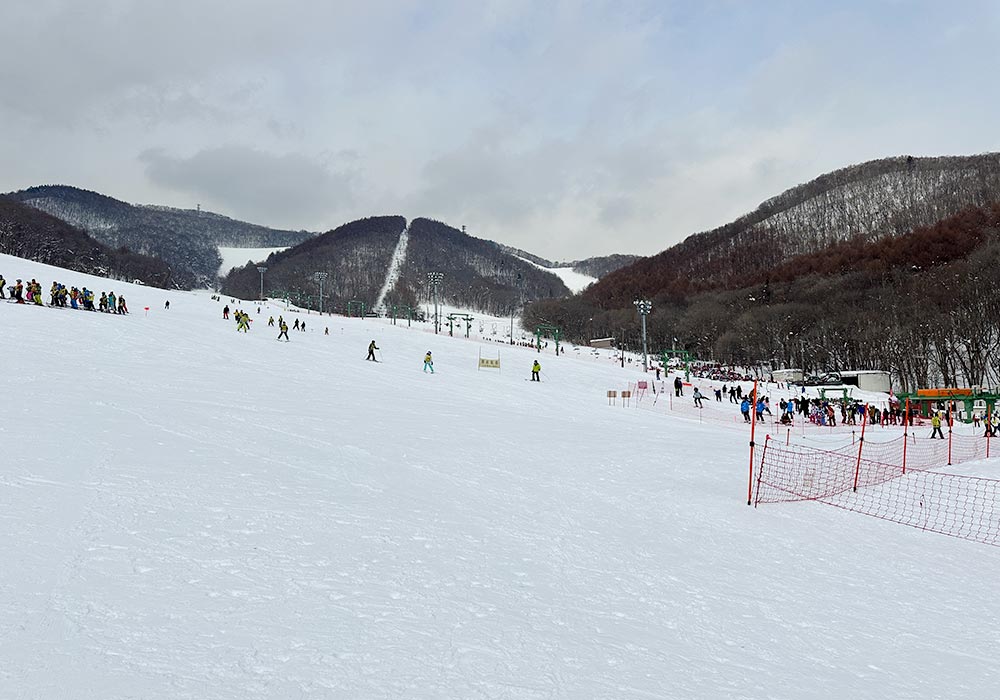 Winter sports enthusiasts enjoying a day at Moiwayama Ski Jominamishamen in Kitanosawa, Japan. Breathtaking winter scenery frames the bustling ski resort, complete with a cozy chalet.