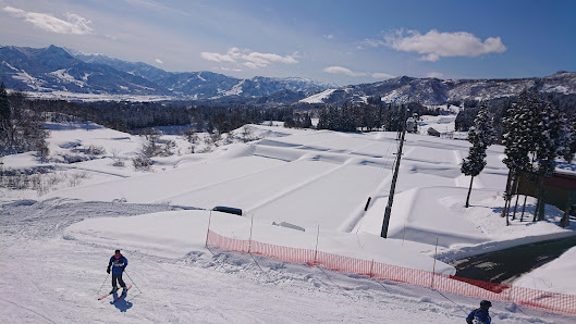 Winter scene at Chateau Shiozawa a popular ski resort in Japan featuring a skier. The landscape is covered in snow creating a beautiful winter scenery.