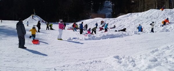 A lively winter scene at Chateau Shiozawa in Japan featuring a charming chalet nestled in a bustling ski resort. Enthusiastic families enjoy the snow-clad slopes for various winter sports.