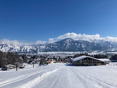 A winter sports scene at Chateau Shiozawa in Japan. Beautiful winter scenery of the ski resort complete with pristine snow-covered slopes on a bright day in the heart of Honshu.
