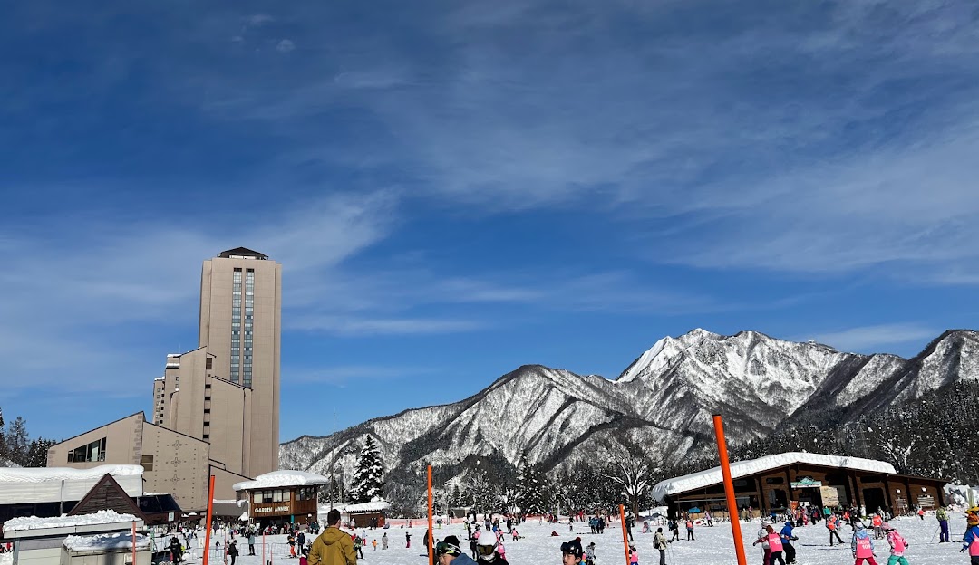 Visitors enjoying winter sports at the bustling Naspa Ski Garden in Japan, with pristine snow-covered slopes and a picturesque winter scene in the background.