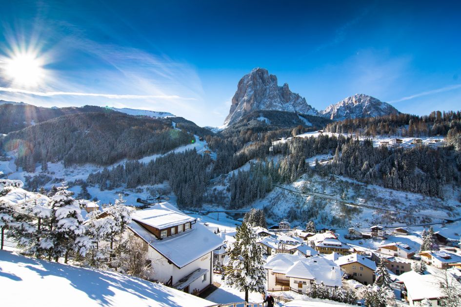 Val Gardena in Italy - a snow covered village in the italian alps.