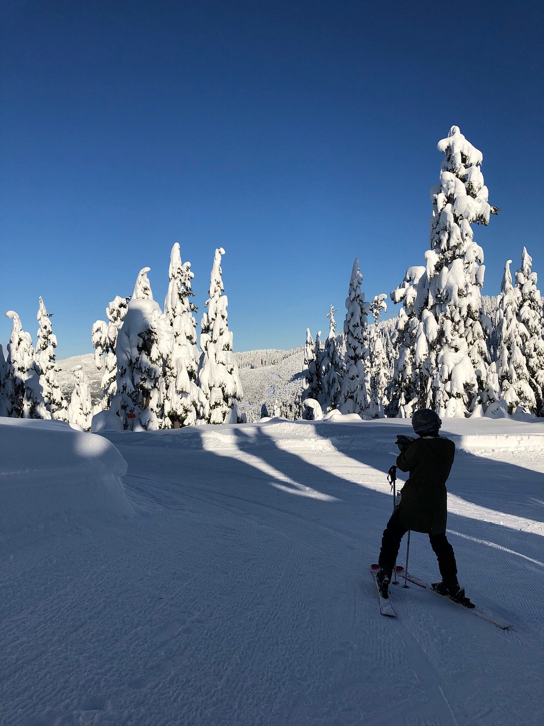 A skier is seen gliding down the ski trails at Sasquatch Mountain Resort in Hemlock Valley with the stunning winter scenery highlighted by bright sunshine.